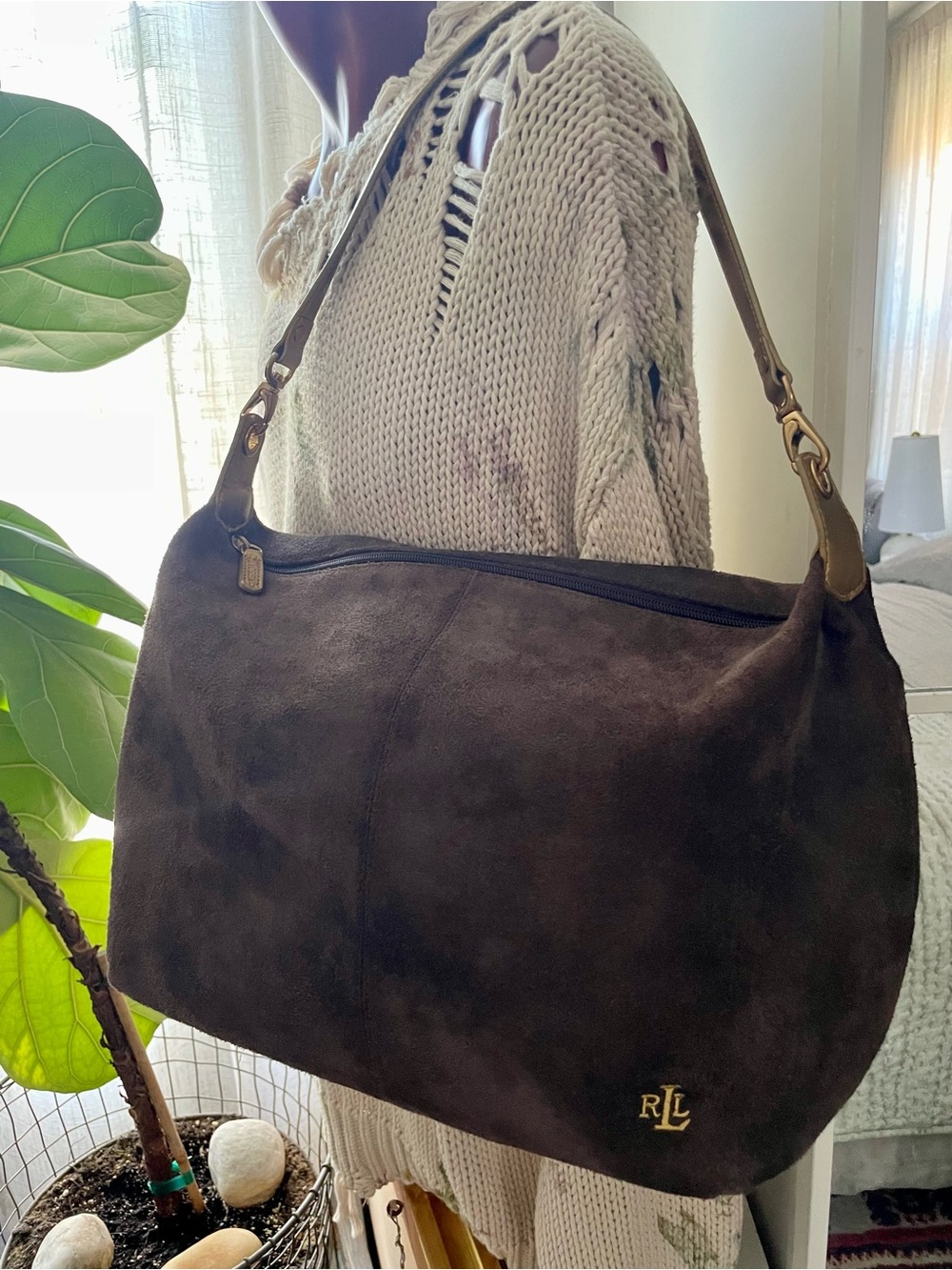 Lauren Ralph Lauren Brown Suede shoulder bag with gold strap